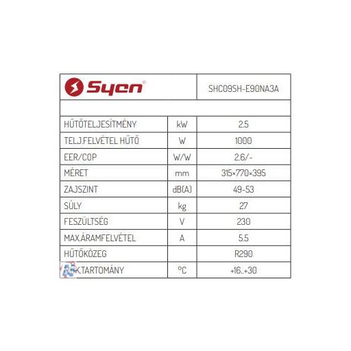 Syen SHC09SH-E90NA3A Mobil klíma 2,5 kW