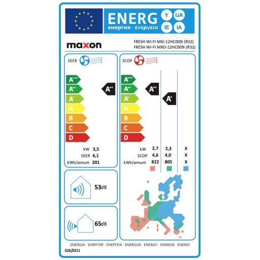 Maxon Fresh Plus MXI-12HC013i/MXO-12HC013i 3,5kW oldalfali split klíma, beépített WiFi, ionizátor