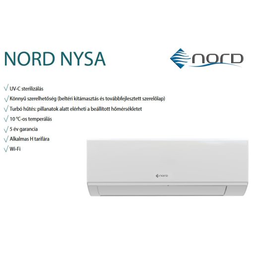 Nord Nysa AS25NYS1 2,7kW oldalfali split klíma, beépített WiFi, UV-C sterilizáló