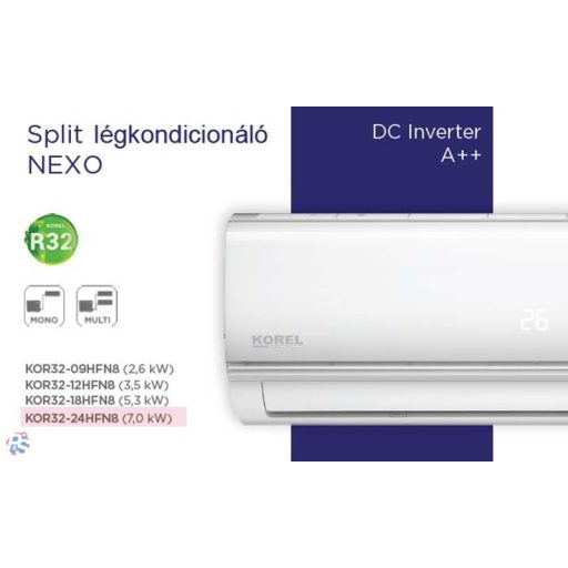 KOREL  NEXO  KOR32-24HFN8 R32, split klíma, oldalfali szett 7 kW WiFivel