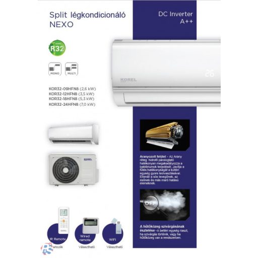 KOREL  NEXO  KOR32-24HFN8 R32, split klíma, oldalfali szett 7 kW WiFivel
